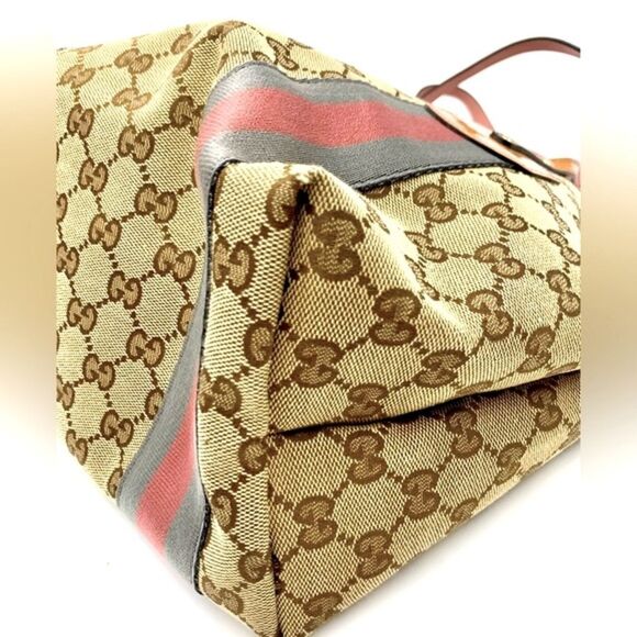 Auth Gucci Beige Brown GG Canvas Jolicouer Tote Bag Tan Patent Trim Sherry Line - Picture 9 of 16